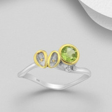 Inel din argint veritabil 925 cu peridot, suflat cu aur 22k si rodiu alb