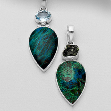 Pandantiv din argint veritabil 925 cu chrysocolla, topaz si moldavit. Handmade. 